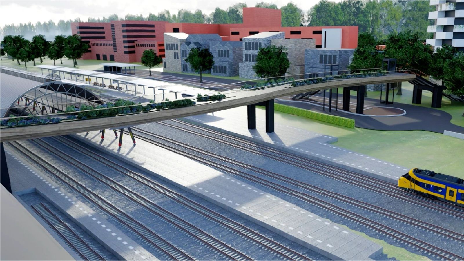 3D-model van een station met een trein en een nieuwe loopbrug, uit de virtuele treinrit voor Regio Zwolle