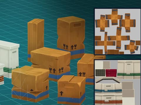 Dozen en kratten met de bijbehorende textures, gemaakt door ons 3D-team