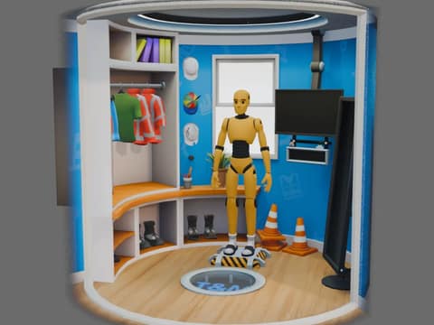 Kleedruimte in VR waar deelnemers de juiste beschermingsmiddelen aantrekken, gemaakt voor Traffic & More