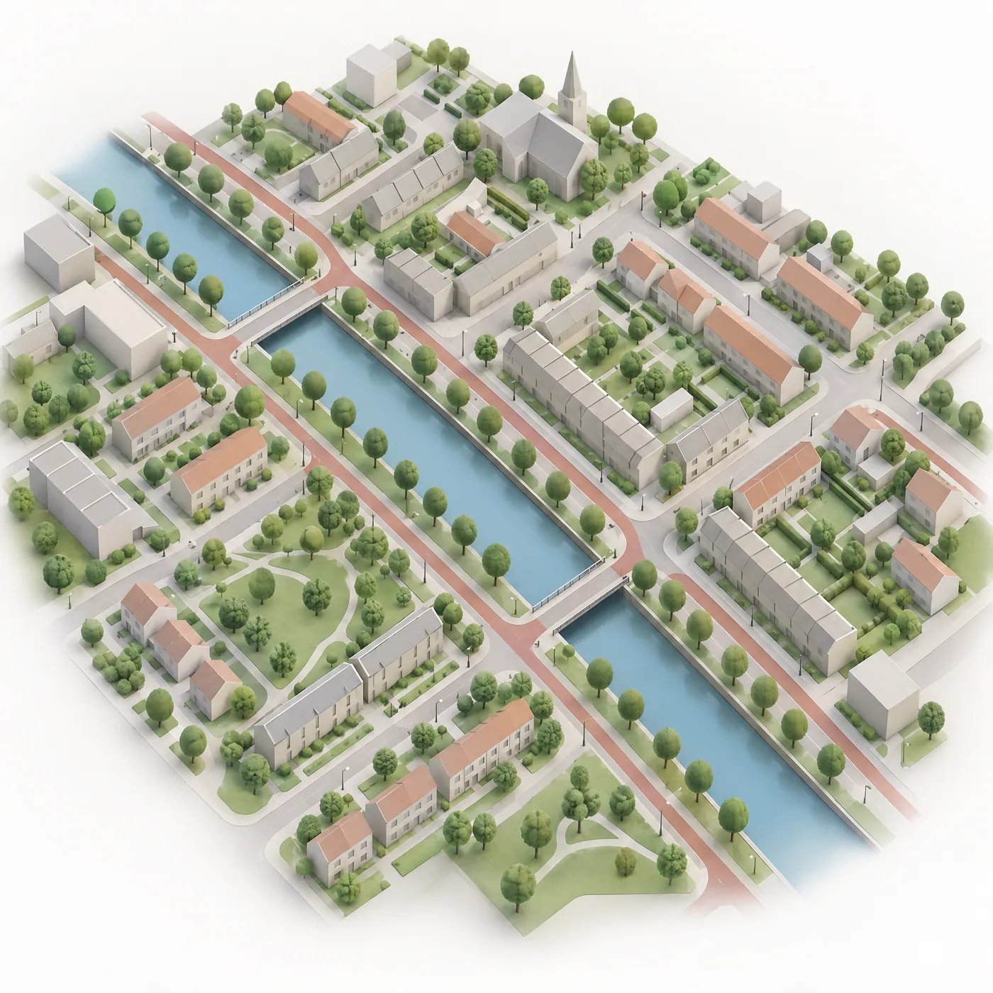 Isometrisch 3D-model van een wijk met vaart, bruggen, bomen en fietspaden