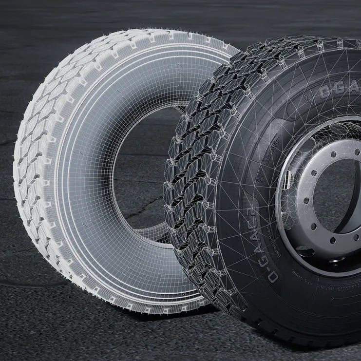 Wireframe naast gerenderd 3D-model van een OGATI-vrachtwagenband