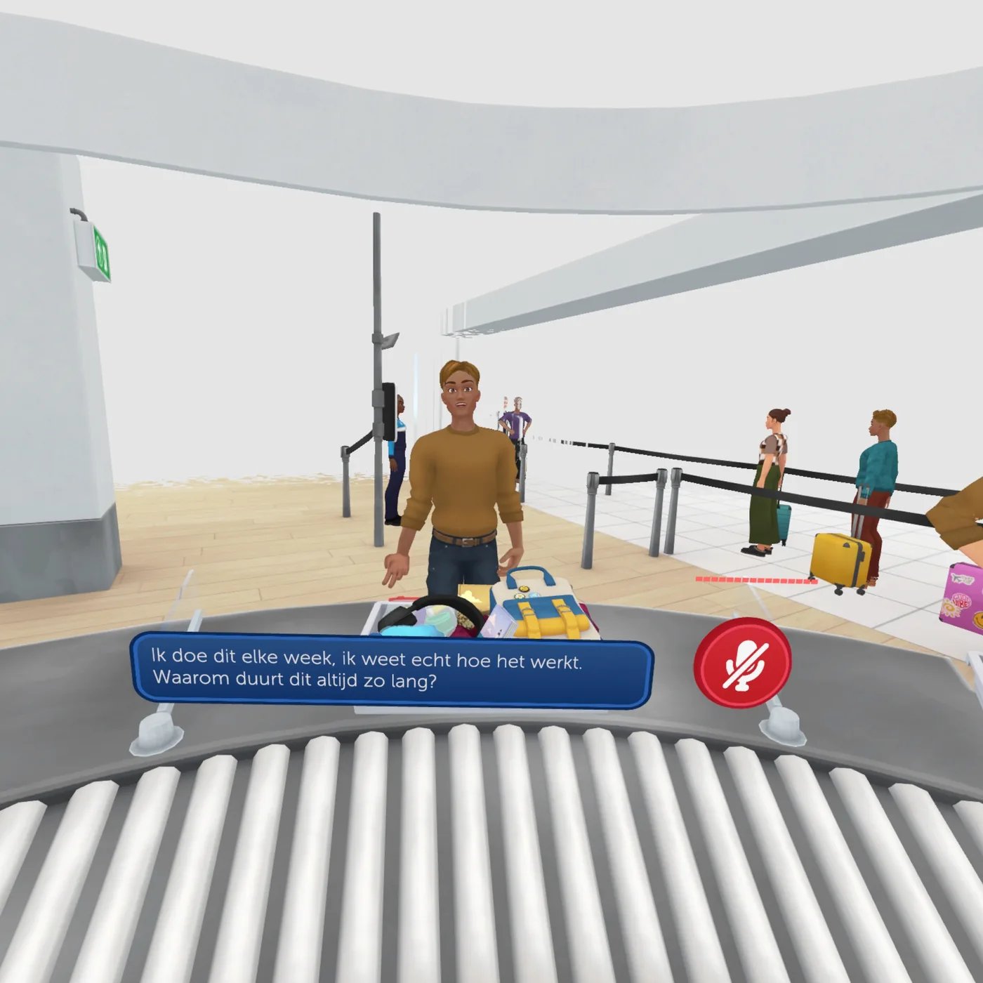 Virtuele passagier bij de bagageband, met de tekst van zijn vraag in beeld