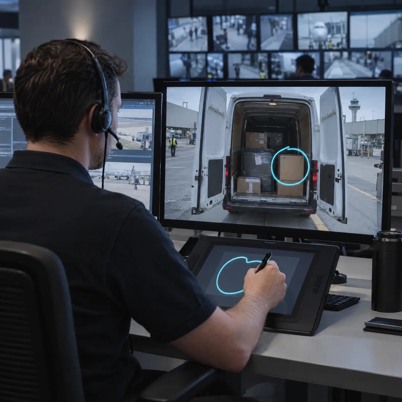 Supervisor in de controlekamer tekent een aanwijzing in het live beeld van de AR-bril