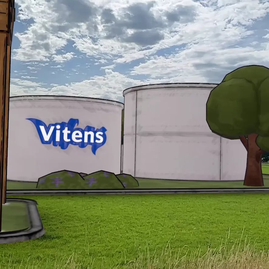 Opslagtanks met het Vitens-logo en een boom in het AR-model
