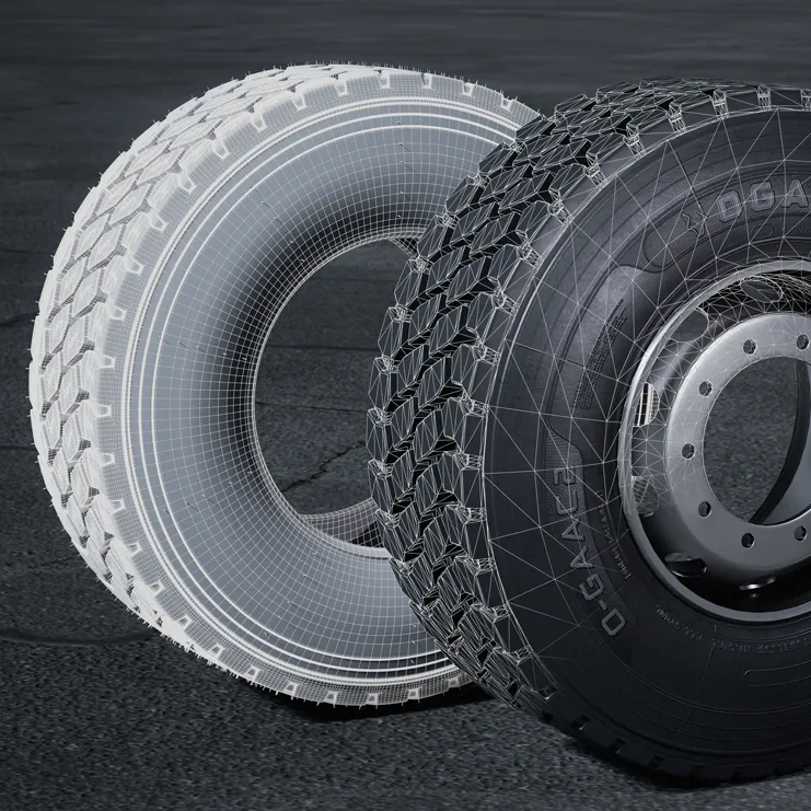 Wireframe naast gerenderd 3D-model van een OGATI-vrachtwagenband